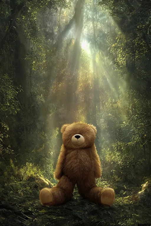 Image similar to mean fluffy teddybear protecting girl in a forest with rays of light coming through the canopy, masterpiece, dystopian, sci-fi, extremely detailed, digital painting, sculpted in zbrush, artstation, concept art, smooth, sharp focus, illustration, chiaroscuro lighting, golden ratio, incredible art, artgerm, greg rutkowski, alphonse mucha, simon stalenhag, carravaggio