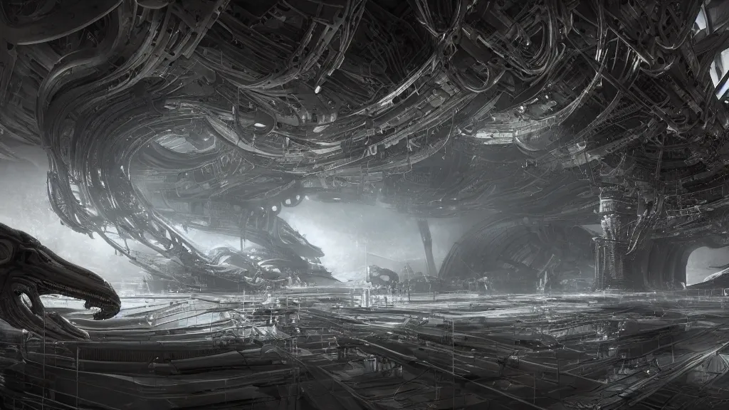 Prompt: a Photorealistic dramatic hyperrealistic,hyper detailed render of an Epic Sci-Fi, Gigantic Alien xenomorph spaceship inside huge interior hangar,intricate bio mechanical surface details in a top secret research facility,many tubes and cables hanging from the ceiling by Greg Rutkowski,Craig Mullins,ILM,Beautiful dynamic dramatic moody lighting,Volumetric,Cinematic Atmosphere,Octane Render,Artstation,8k
