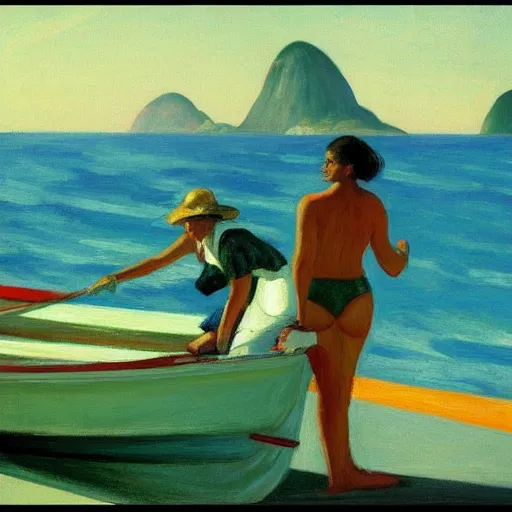 Image similar to a beach in rio de janeiro, characters in a boat, by edward hopper, award winning, cinematic