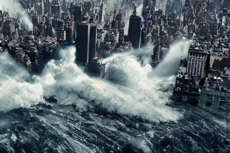 Image similar to tsunami crashing over manhattan, water flowing everywhere, bird's eye view, wide shot, cinematic, realistic style, very detailed