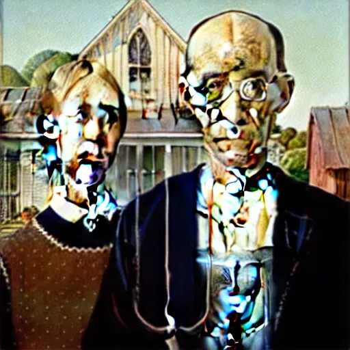 Image similar to on a wall there are dozens of the 'american gothic' paintings in styles of different famous painters