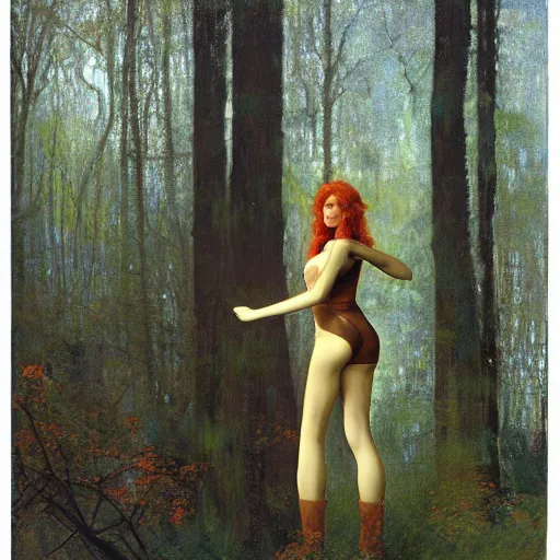 Image similar to beautiful woman with auburn hair in a skin-tight designer spacesuit, aloof in the forest at dusk, by Edgar Maxence and Ross Tran and Michael Whelan and Gustav Klimpt