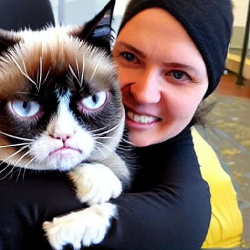 Image similar to a huge smile with grumpy cat, time and space bends when something covers her face