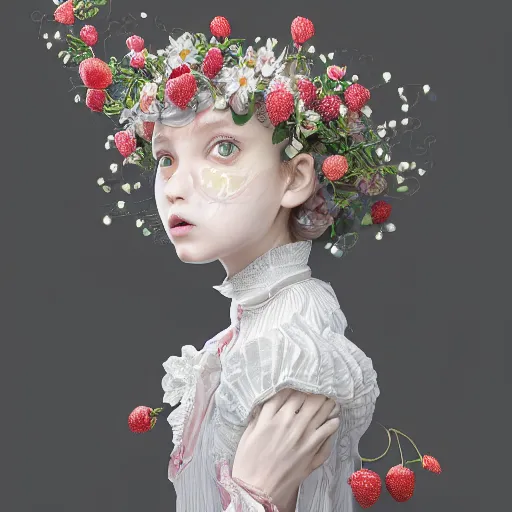 Image similar to the portrait of an absurdly beautiful, graceful, elegant, sophisticated, fashionable little girl made of strawberries and white petals looking down, an ultrafine hyperdetailed illustration by kim jung gi, irakli nadar, intricate linework, bright colors, octopath traveler, final fantasy, unreal engine 5 highly rendered, global illumination, radiant light, detailed and intricate environment