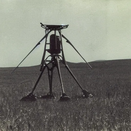 Image similar to old polaroid depicting a martian tripod walker from war of the worlds, at a clearing, in the distance