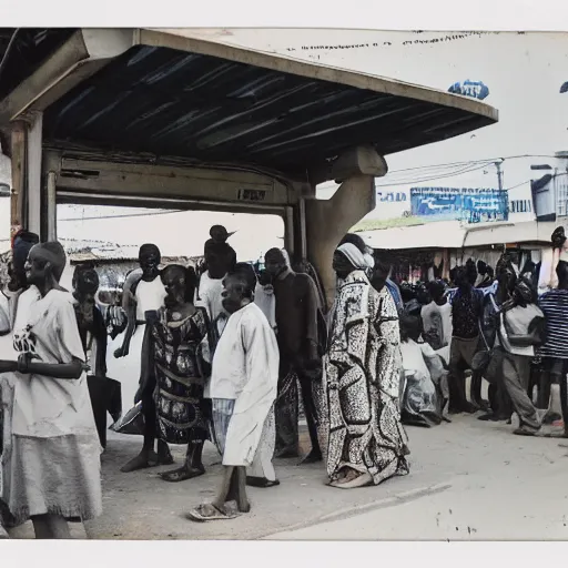 Image similar to old polaroids of futuristic african bus stops with informal sellers and digital screens, big crowd, robotic police guards watch over the crowd