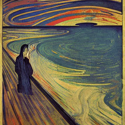 Prompt: the munch scream on a beach during a thunderstorm, poster art by mucha