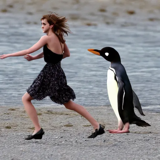 Image similar to a photograph of emma watson chasing a penguin