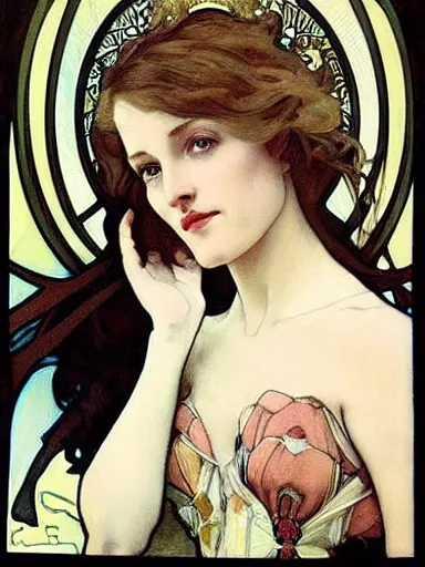 Prompt: a beautiful painting of young gillian anderson by Alphonse Mucha and by arthur rackham and by james jean and by Mark Brooks and by john william waterhouse, Art Nouveau, Neo-Gothic, gothic, award winning painting, hyperdetailed, detailed