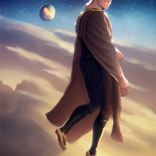 Prompt: blonde boy with golden eyes wearing a brown cape and flying in t pose, space background, greg rutkowski