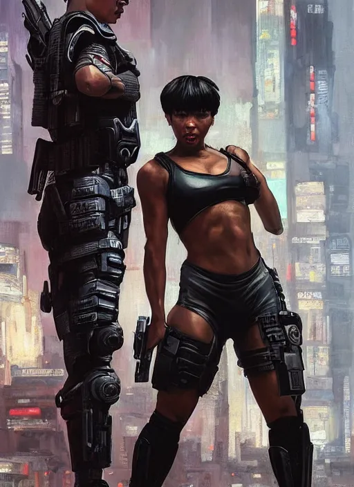 Image similar to black chun li arresting meathead. cyberpunk police trooper in a military vest ( blade runner 2 0 4 9, cyberpunk 2 0 7 7 ). orientalist portrait by john william waterhouse and james gurney and theodore ralli and nasreddine dinet, oil on canvas. cinematic, hyper realism, realistic proportions, dramatic lighting, high detail 4 k