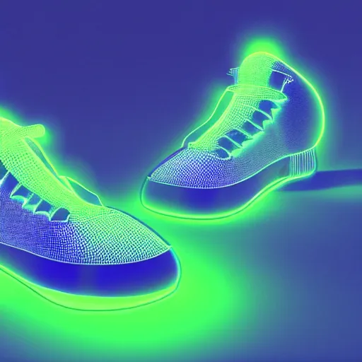 Image similar to high quality octane 3 d render of bioluminescent sneakers floating in space, emissive, bloom, volumetric, ray - tracing, bjork