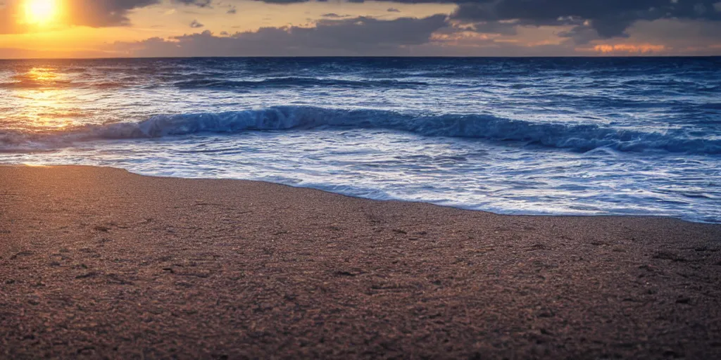 Prompt: highly detailed photograph of a desk on a beach with waves crashing behind it at sunset