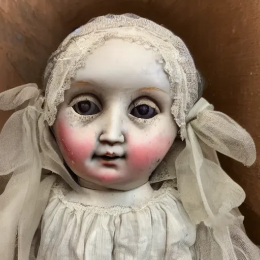 Image similar to A sweet, sad, beautifully shabby antique composition baby doll. She has unusually expressive tin litho sleep eyes, that look as if they’ve seen a world of melancholy.