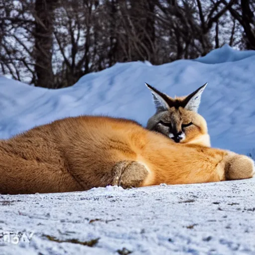 Image similar to photo still of drunk sleepy fat chubby caracal, lying sleeping on snow, big stomach, fullbody, sunny winter day