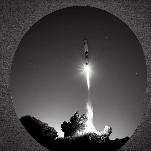 Image similar to black and white photo of a detailed rocket blasting off from mars, black background with glowing stars and satalites, cinematic film still, high contrast, astrophotography, polaroid,