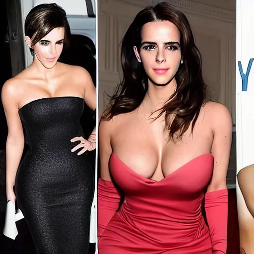 Image similar to a woman who is a genetic combination of kim kardashian and emma watson face and upper - body focus