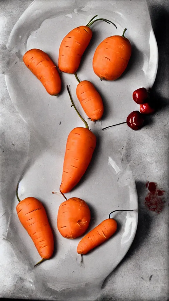 Prompt: 1 9 7 0 s food photography of carrot and cherries in the shape of a man