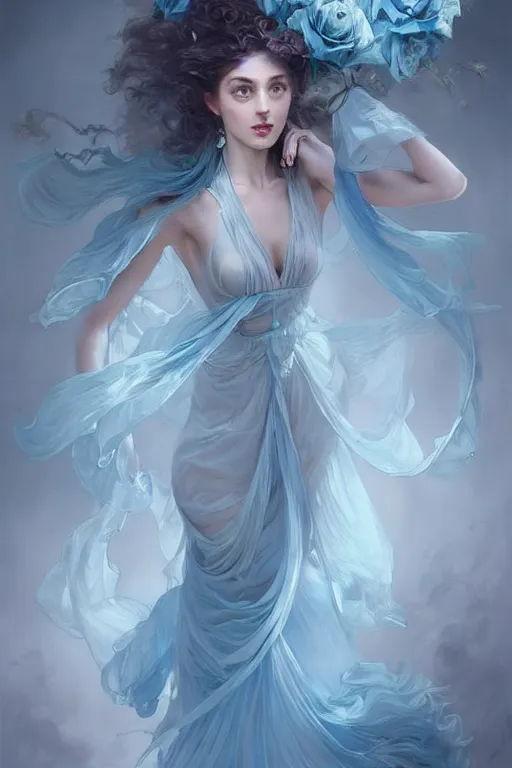 Image similar to beautiful!!! woman dressed in a vaporous wrapped large victorian pale blue roses silk semi-transparent dress fashion is running, fantasy, intricate, elegant, highly detailed, digital painting, trending on artstation, concept art, matte, sharp focus, illustration, art by Artgerm and Greg Rutkowski and Alphonse Mucha, instagram model