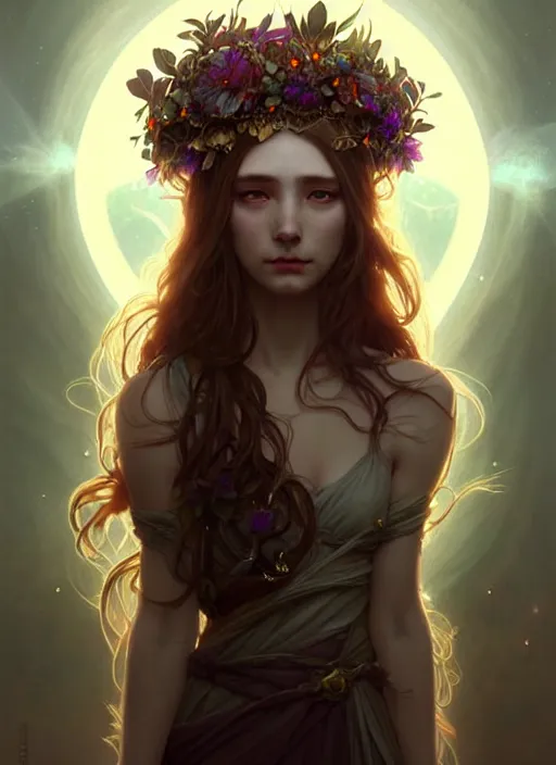 Image similar to a beautiful cinematic female druid goddess, flower Crown, galatic shamen with Quantum energy fantasy, fantasy magic, undercut hairstyle, dark light night, intricate, elegant, sharp focus, illustration, highly detailed, digital painting, concept art, matte, art by WLOP and Artgerm and Greg Rutkowski and Alphonse Mucha, masterpiece