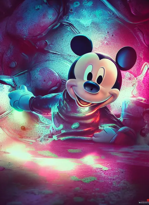 Prompt: Mickey mouse, fractal, broken, wet, mycelium, radiant alien, rococo, baroque, automotive, bio-mechanical, porcelain, iridescent sub surface scattering, octane render