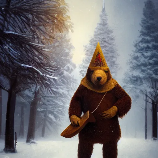 Prompt: smiling brown bear holding triangular balalaika (triangular chordophone, triangular Domra) in hat in winter at streets of Moscow, sharp focus, fantasy style, octane render, volumetric lighting, 8k high definition, by greg rutkowski, highly detailed, trending on art Station