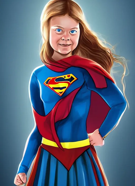 Image similar to greta thunberg as supergirl, detailed digital art, trending on Artstation