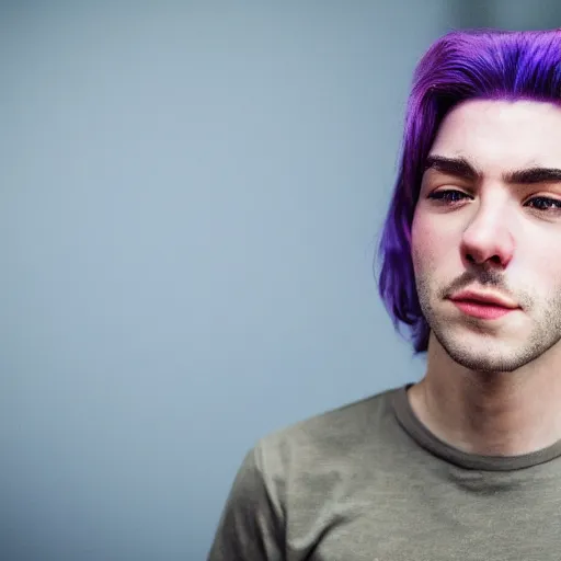 Image similar to a portrait of a queer man with purple hair, 4k, photorealistic, shallow depth of field