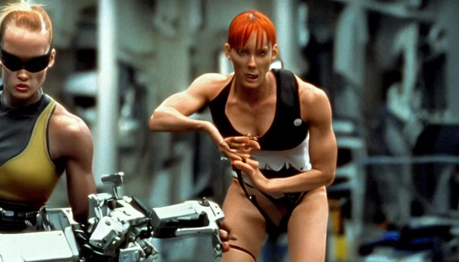 Image similar to The matrix, LeeLoo, Starship Troopers, Olivia Pope, 1990's Olympics footage, Sprinter athletes recovering from a race, tuning their mechanical legs with mechanics helping, intense moment, cinematic stillframe, dramatic lighting, The fifth element, vintage robotics, formula 1, starring Geena Davis