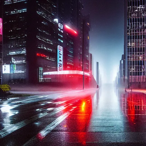 Image similar to tesla in tokyo at a foggy and rainy night, realistic 4 k