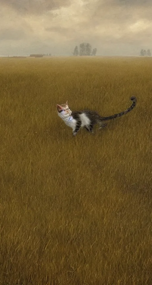 Image similar to a cat in the steppe, summer field, misty background, from the game pathologic 2, highly detailed, sharp focus, matte painting, by isaac levitan and asher brown durand,