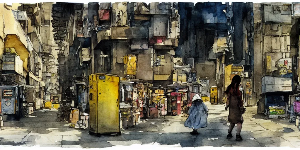 Image similar to deserted dusty junk town, a girl with a parka and a yellow parasol is running, broken vending machines, scene from the movie Ghost in the shell, watercolor watercolor