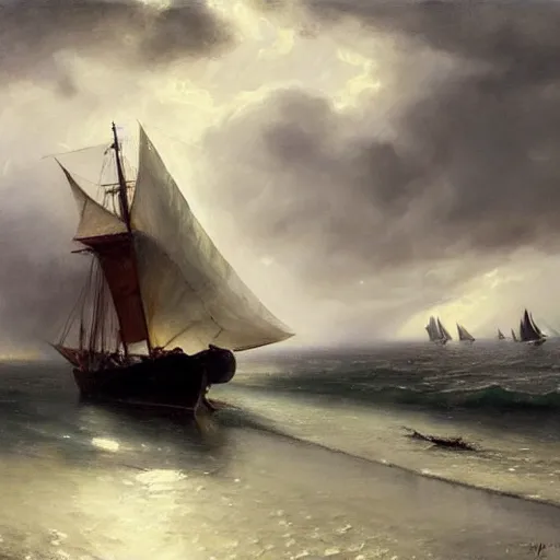 Prompt: oil painting of boat with translucent sail, backlit ship with dramatic storm clouds, harbour in background, foggy, details, decorative, art by anders zorn, wonderful masterpiece by greg rutkowski, beautiful cinematic light, american romanticism by greg manchess, creation by tyler edlin