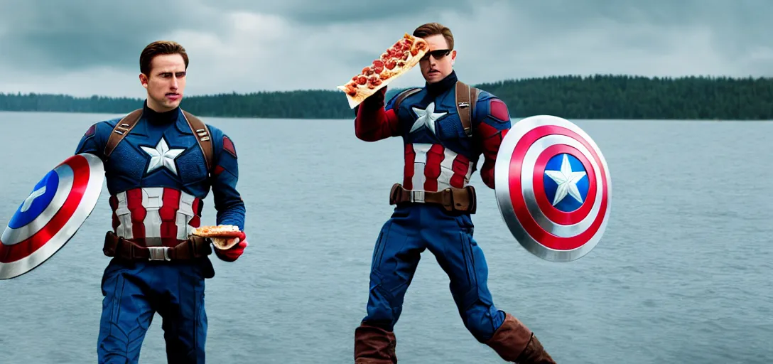 Image similar to a very high resolution image from a new movie. captain america eating pizza on a lake, photorealistic, photography, directed by wes anderson