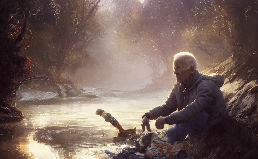 Image similar to highly detailed portrait of joe biden as a homeless, stuck in the river, stephen bliss, unreal engine, fantasy art by greg rutkowski, loish, rhads, ferdinand knab, makoto shinkai and lois van baarle, ilya kuvshinov, rossdraws, tom bagshaw, global illumination, radiant light, detailed and intricate environment