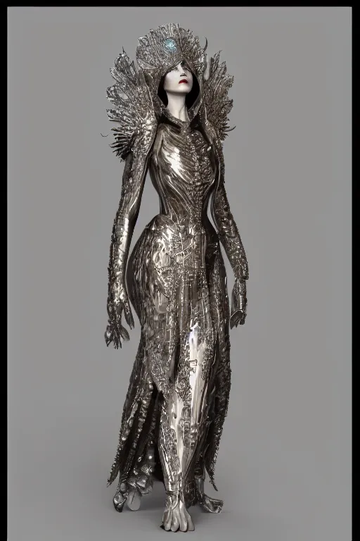 Prompt: a highly detailed medium shot 8 k render portrait of an alien goddess eva green in iris van herpen dress schiaparelli armor in diamonds and lots of jewelry in style of alphonse mucha trending on artstation made in unreal engine 4