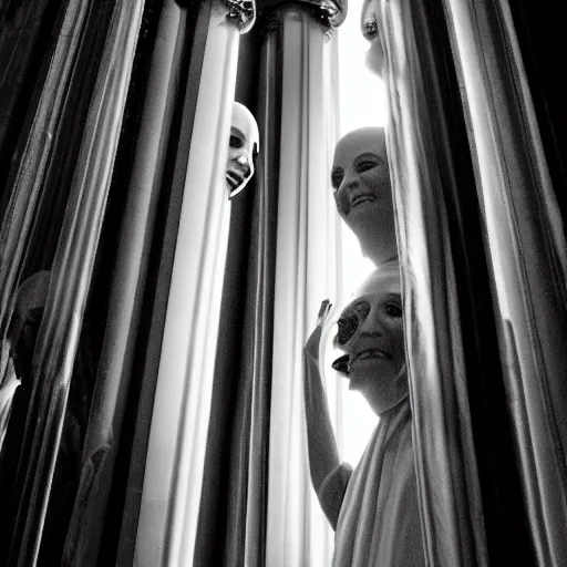 Prompt: nightmare vision, short depth of field. black and white, award winning photo of smiling levitating twin nuns, wearing translucent sheet, Mary in a sanctuary, mirror hallways, eerie, tall columns, frightening —width 1024 —height 1024