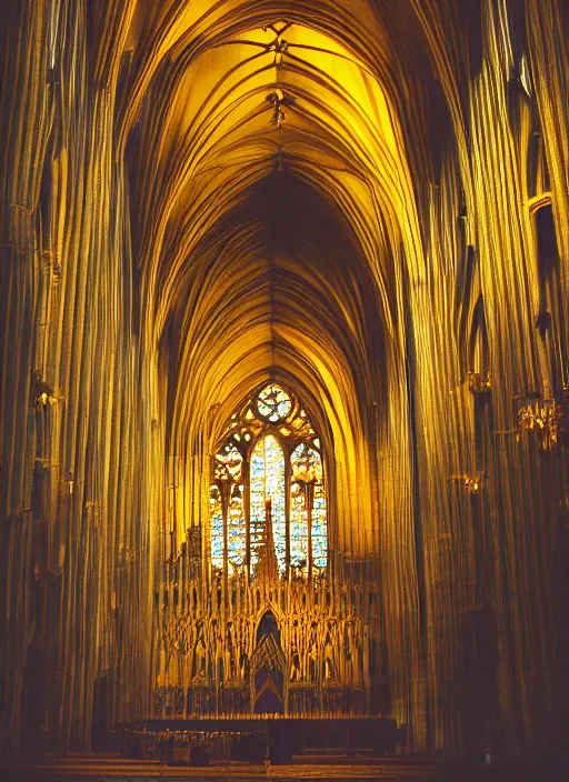 Image similar to a 3 5 mm photo of the interior of a gorgeous gothic cathedral, bokeh, canon 5 0 mm, cinematic lighting, dramatic, film, photography, golden hour, depth of field, award - winning, 3 5 mm film grain, retro, film, kodachrome