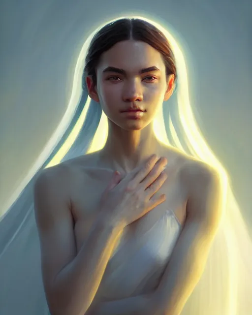 Image similar to beautiful purity goddess portrait by sylvain sarrailh, billy king, hirokazu yokohara, plate armor, artstation, radiant halo of light, photorealism