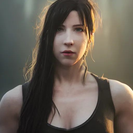 Image similar to Tifa Lockhart in real life, face centered portrait, Confident, fog, volumetric lighting, beautiful, golden hour, sharp focus, ultra detailed, by Leesha Hannigan, Ross Tran, Thierry Doizon, Kai Carpenter,Ignacio Fernández Ríos