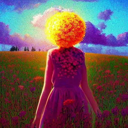 Image similar to girl with flower afro, standing in a field with flowers, surreal photography, hills, big trees, sunrise dramatic light, impressionist painting, colorful clouds, digital painting, pointillism, artstation, simon stalenhag