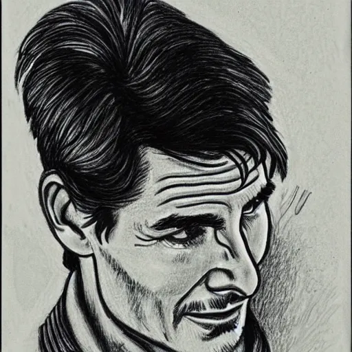 Image similar to a portrait drawing of Tom Cruise drawn by Robert Crumb