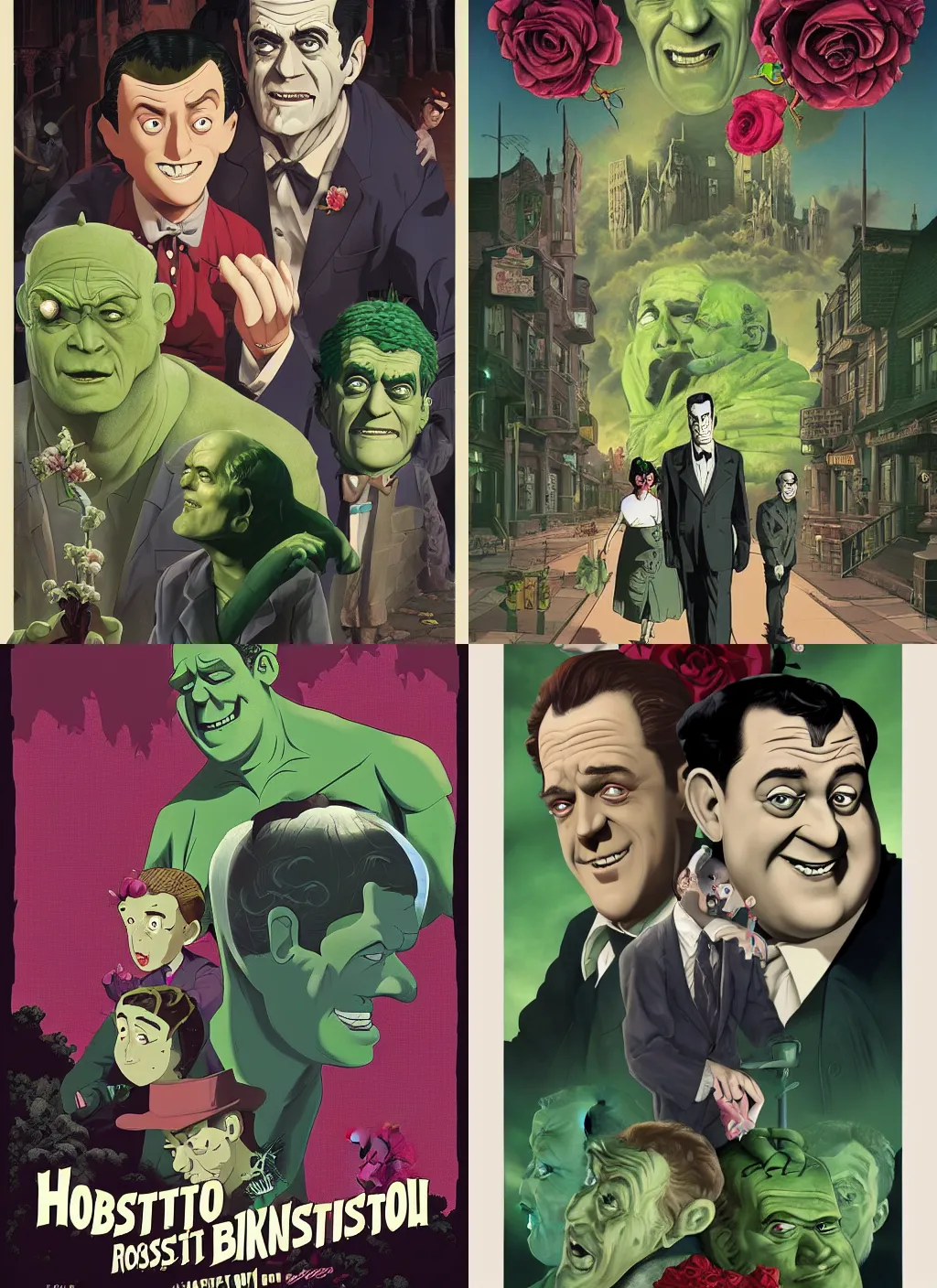 Prompt: Abbott and Costello Meet Frankenstein movie poster artwork by Tomer Hanuka Rendering of a rose full of details, by Makoto Shinkai and thomas kinkade, Matte painting, trending on artstation and unreal engine