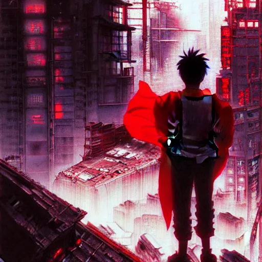 Image similar to tetsuo observing the ruins of neo - tokyo, red cape, akira | anime, matte painting, dystopian megacity neo - tokyo akira, shaded perfect, fine details. realistic shaded lighting anime manga artwork by katsuhiro otomo, akira, artgerm, jeremy lipkin and michael garmash and rob rey