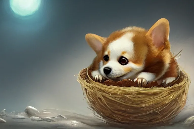 Prompt: a baby corgi crawling out of an egg in a nest, fantasy art, concept art, digital art, trending on artstation, 4 k, extremely detailed, realistic,