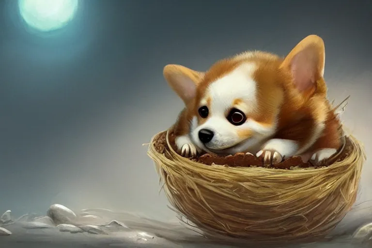 Concept art 2d cute corgi playing with a ball near a farm house, game  wallpaper, high quality on Craiyon