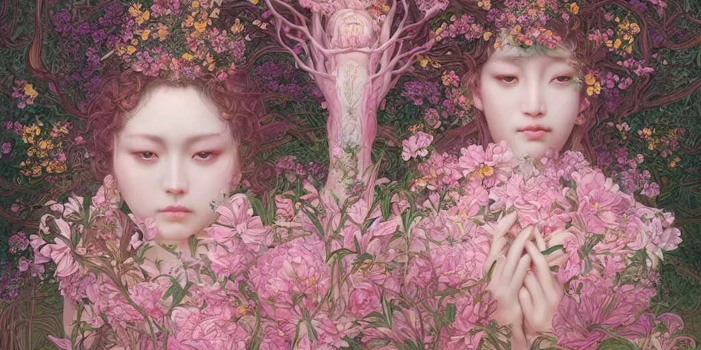 Image similar to breathtaking detailed weird concept art painting of the goddess of light pink flowers, orthodox saint, with anxious, piercing eyes, ornate background, amalgamation of leaves and flowers, by Hsiao-Ron Cheng, James jean, Miho Hirano, Hayao Miyazaki, extremely moody lighting, 8K