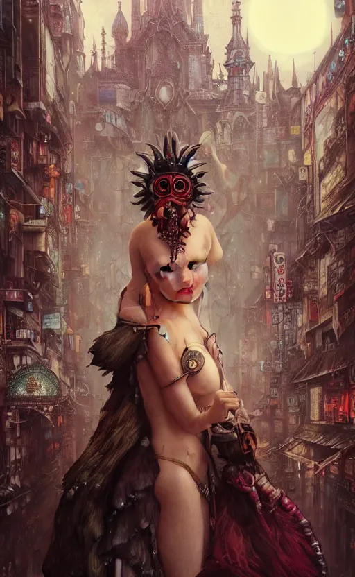 Prompt: hyper realistic Princess Mononoke, ornate mask magic, wet market street, cyberpunk metropolis, city landscape, jewels, full body pose, full moon, crowded streets, style of tom bagshaw, mucha, james gurney, norman rockwell, denoised, sharp