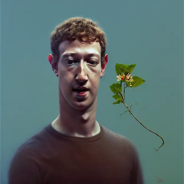 Prompt: mark zuckerberg holding a flower by Zdzisław Beksiński, trending on artstation, realistic, detailed, concept art, horror, illustration, oil painting