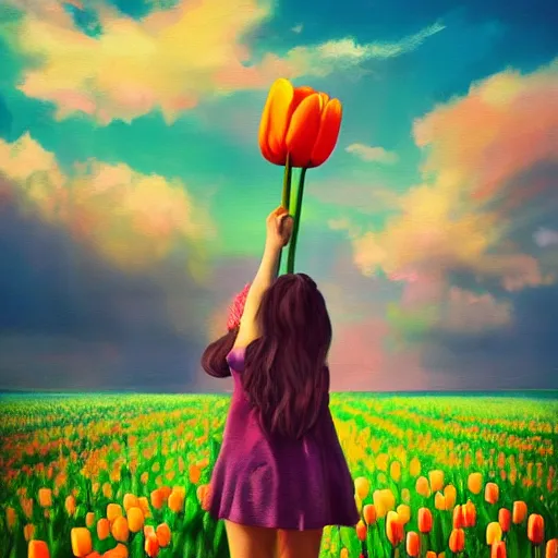 Image similar to girl with a single giant tulip as a head, surreal photography, flower field, sunset dramatic light, impressionist painting, colorful clouds, blue sky, digital painting, artstation, simon stalenhag